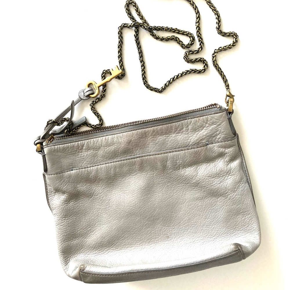 Fossil tan/gray leather crossbody bag. Removable brass chain.